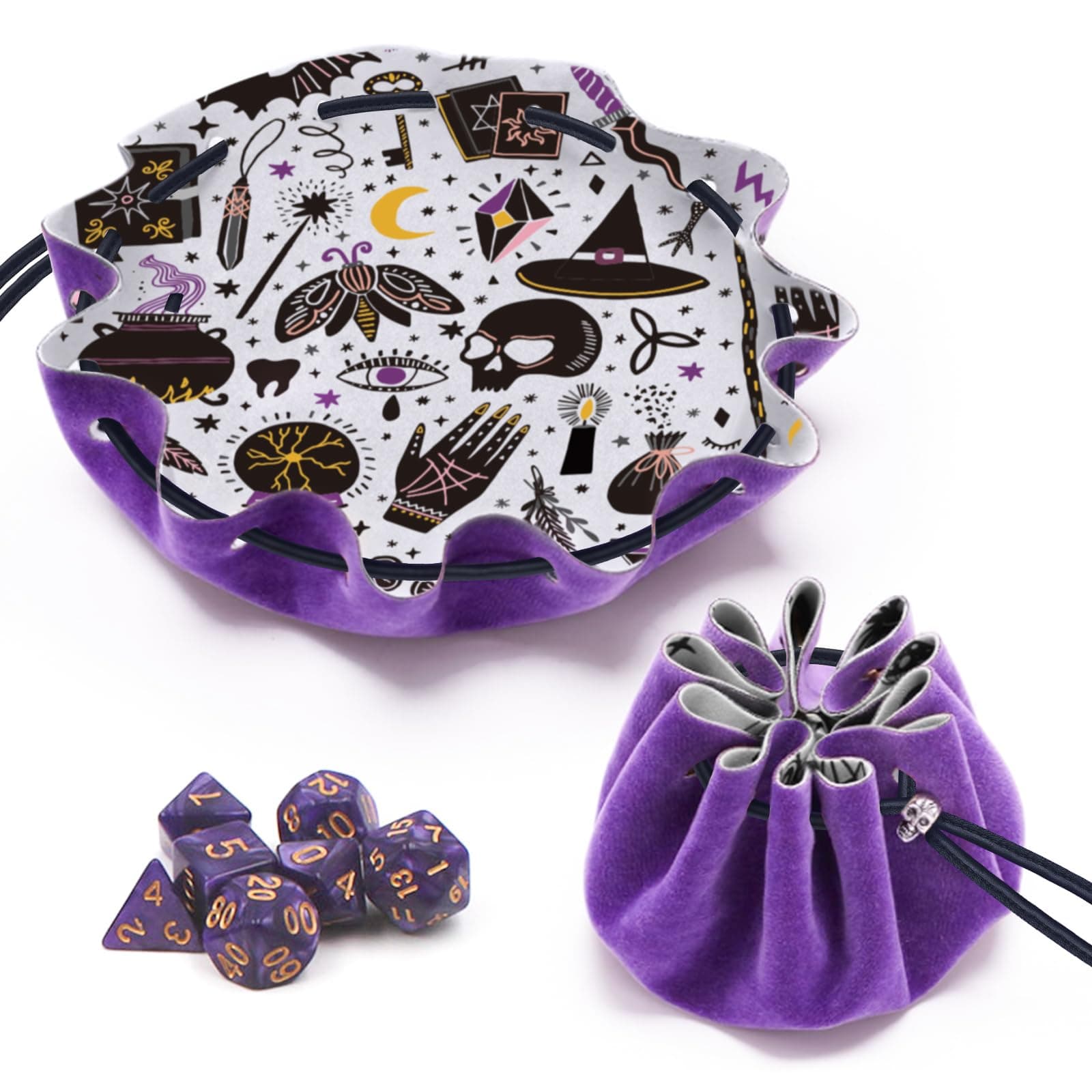 2-in-1 DND Dice Bag and Rolling Tray, Purple Velvet Drawstring with 7 Polyhedral Dice