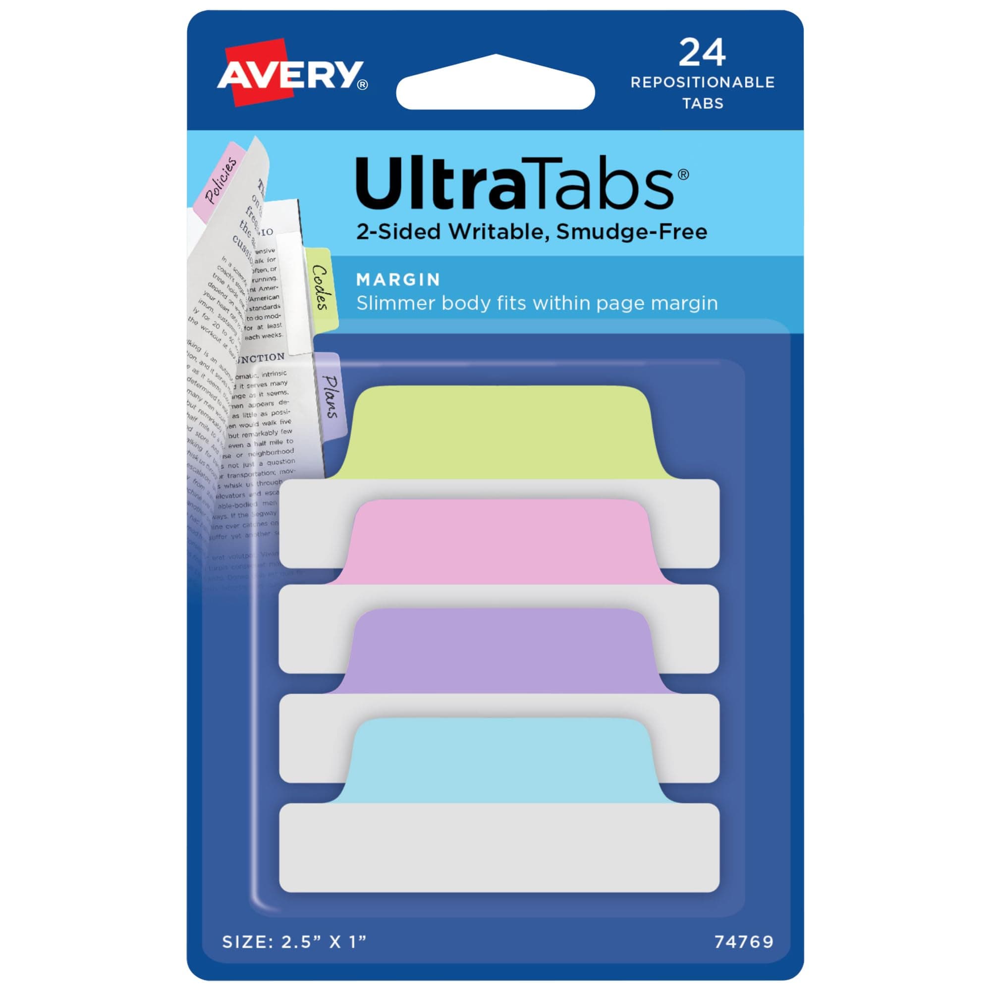 Avery Margin Ultra Tabs, 24 Assorted Pastel 2.5" x 1" Writable Page Markers