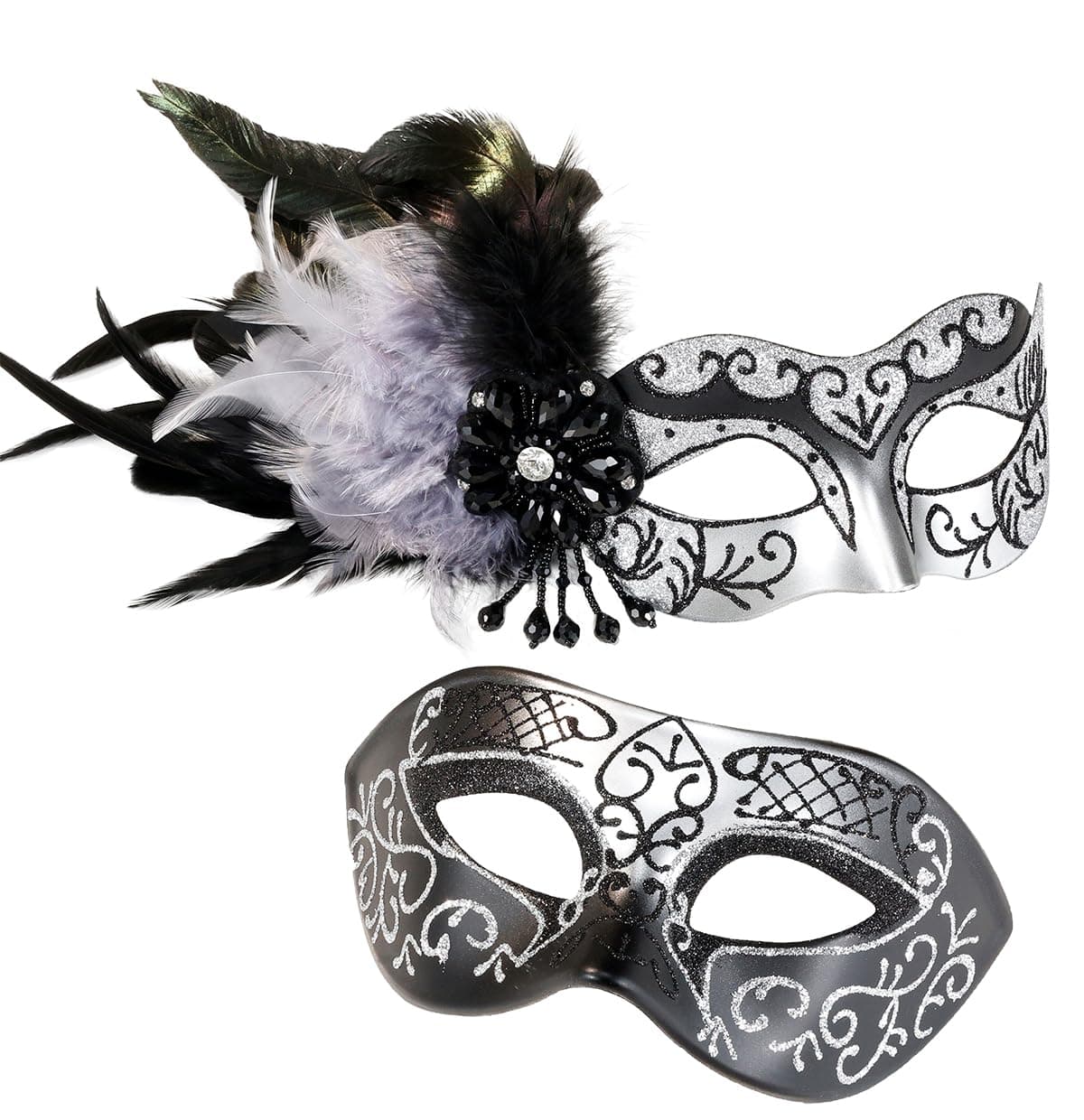 MYSEUNI Silver Masquerade Mask for Couples, Feathers & Venetian Half Mask