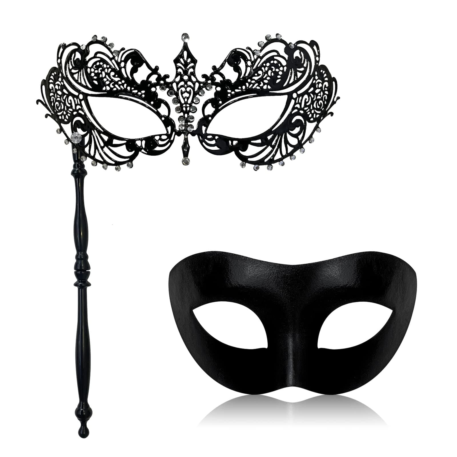 IncreDecor Couple Venetian Metal Masquerade Mask with Stick Halloween Costume