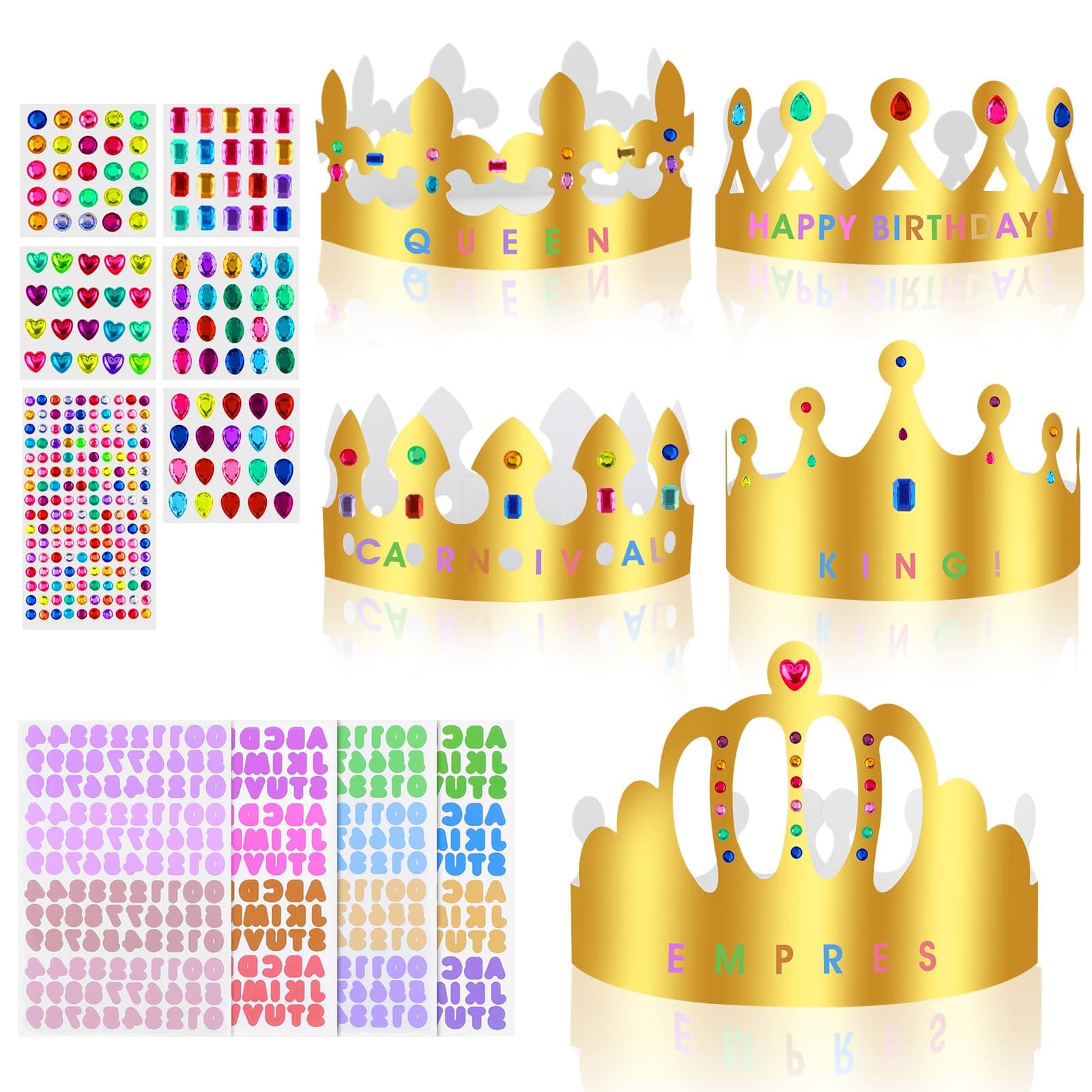 5pcs Gold Paper Crowns with Gem Stickers Alphabet Numbers Party Hats