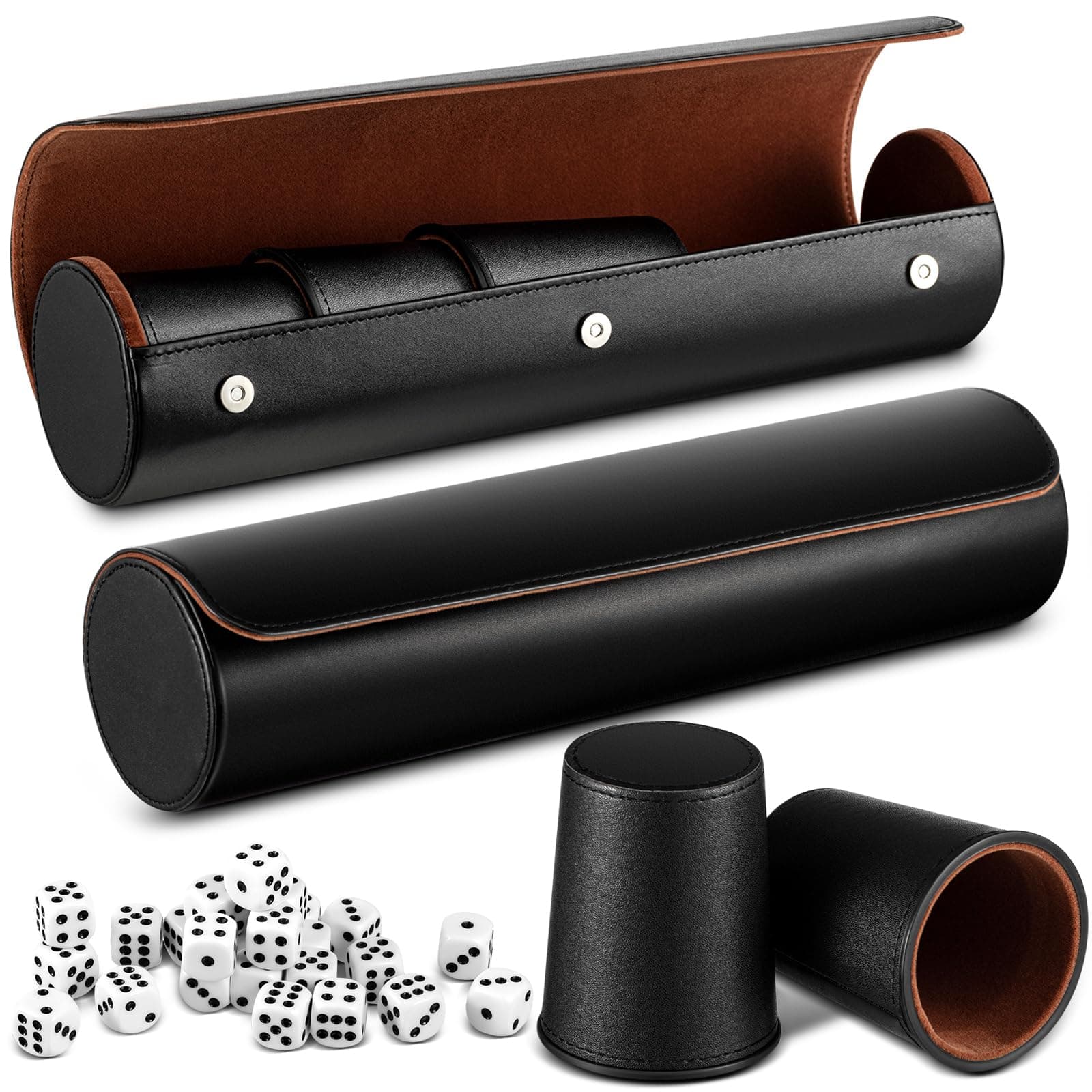 Liliful 2 Set of Leather Dice Cups with 50 Dice and 2 Storage Cases - Perfect Gift for Liars Dice Game, Craps, Backgammon Parties (Black)