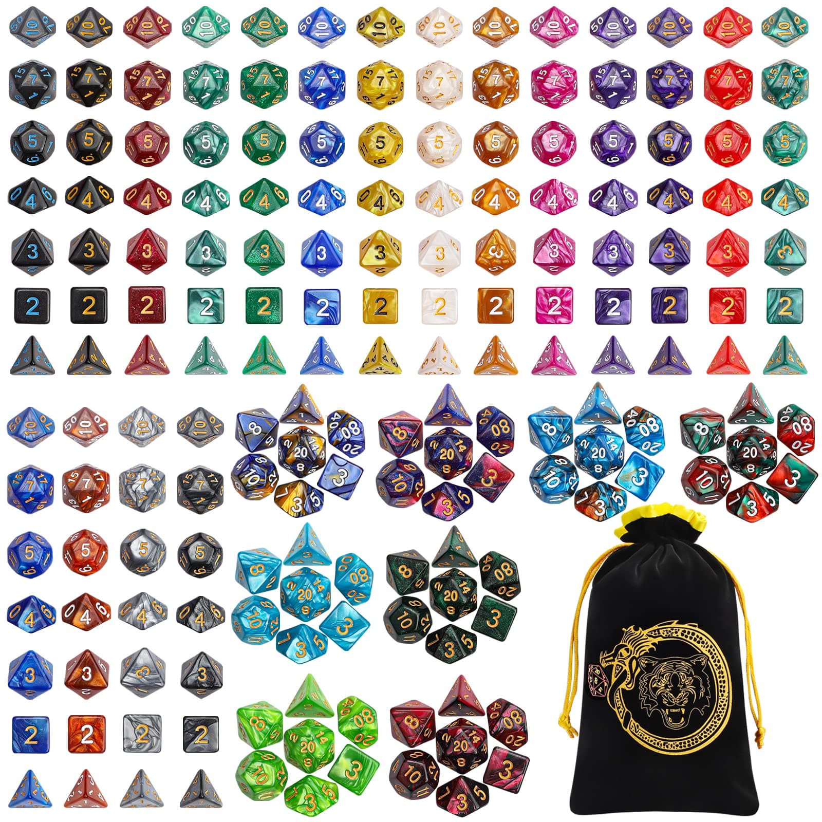 CiaraQ DND Dice Sets - 26x7 Polyhedral Dice (182pcs) with Drawstring Bag