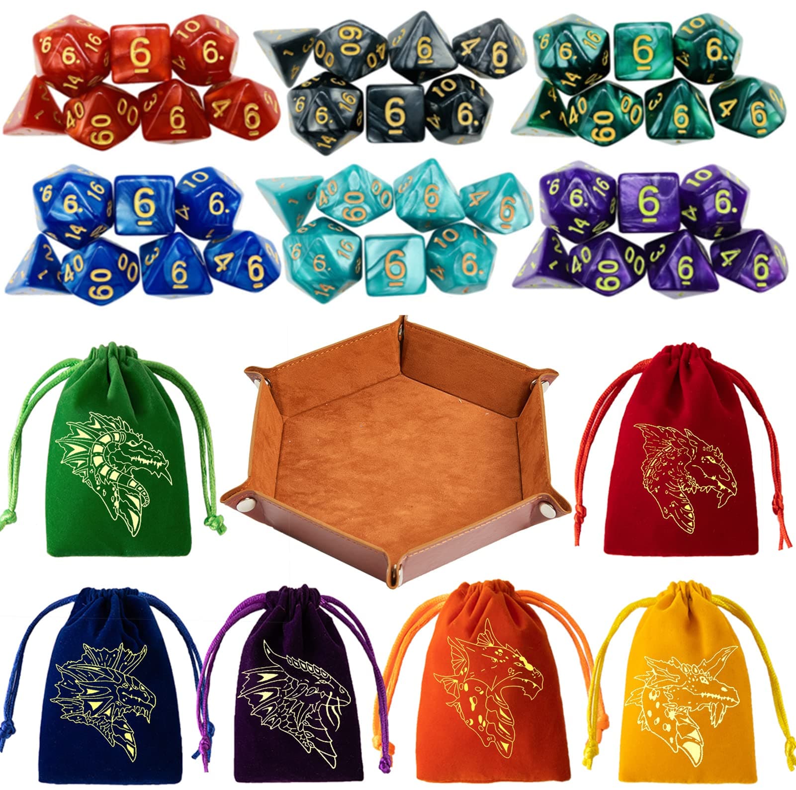 6 Sets Polyhedral Dice for D&D & RPG Games with Free Draws String Bags & PU Leather Tray (Brown)