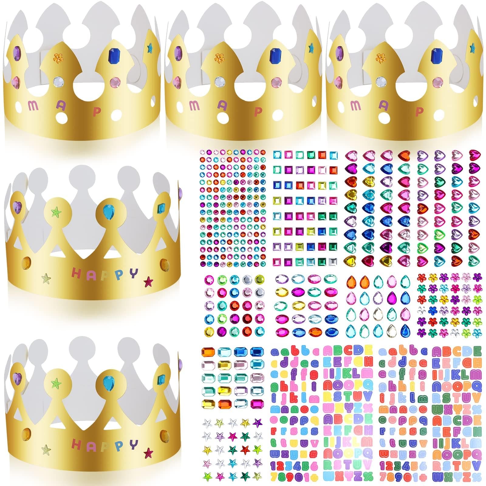 46-Piece Paper Crown Kit with Gems & Alphabet Stickers for Parties Favor Decoration