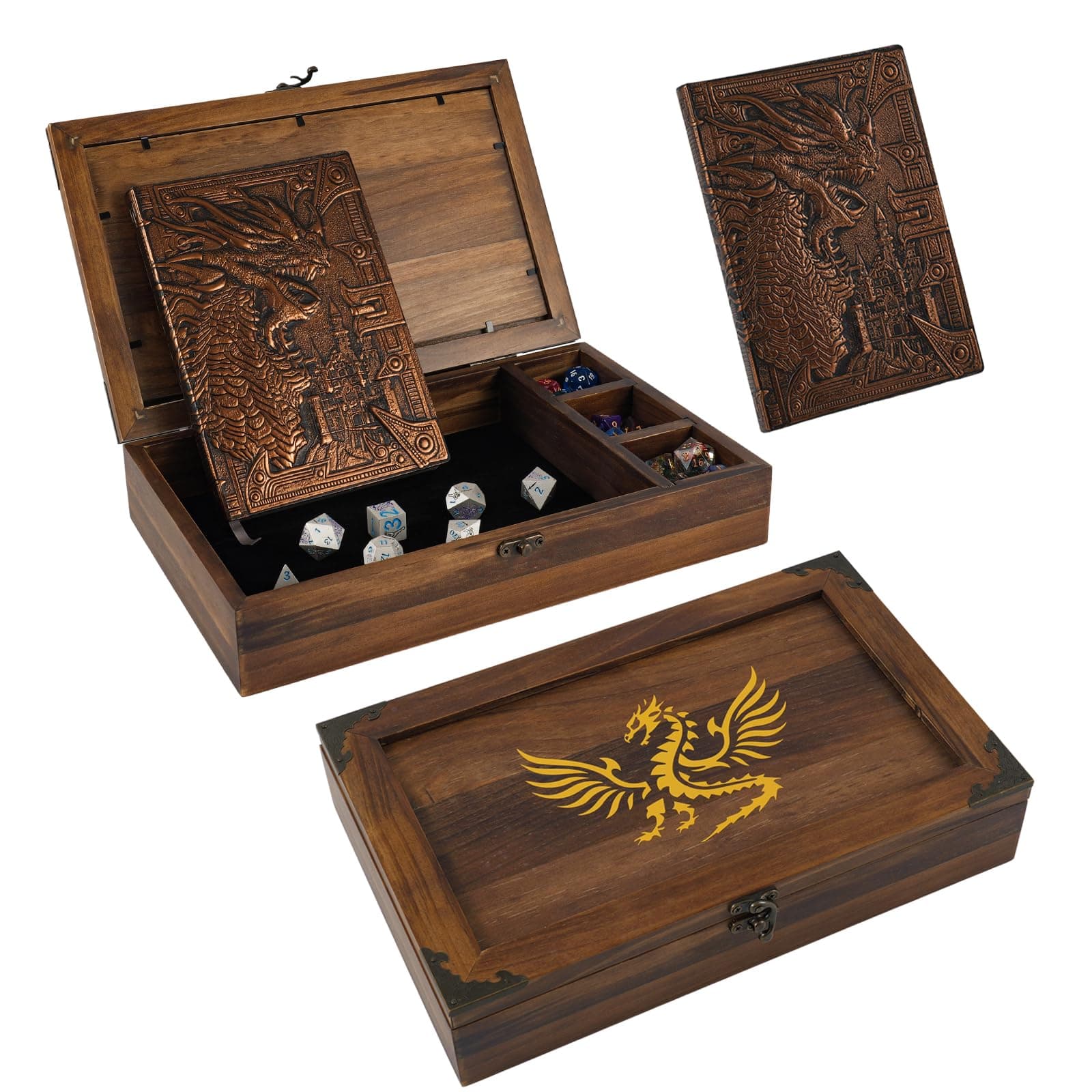 2-in-1 Metal DND Dice Tray & Organizer with Flame Wood Box & Notebook