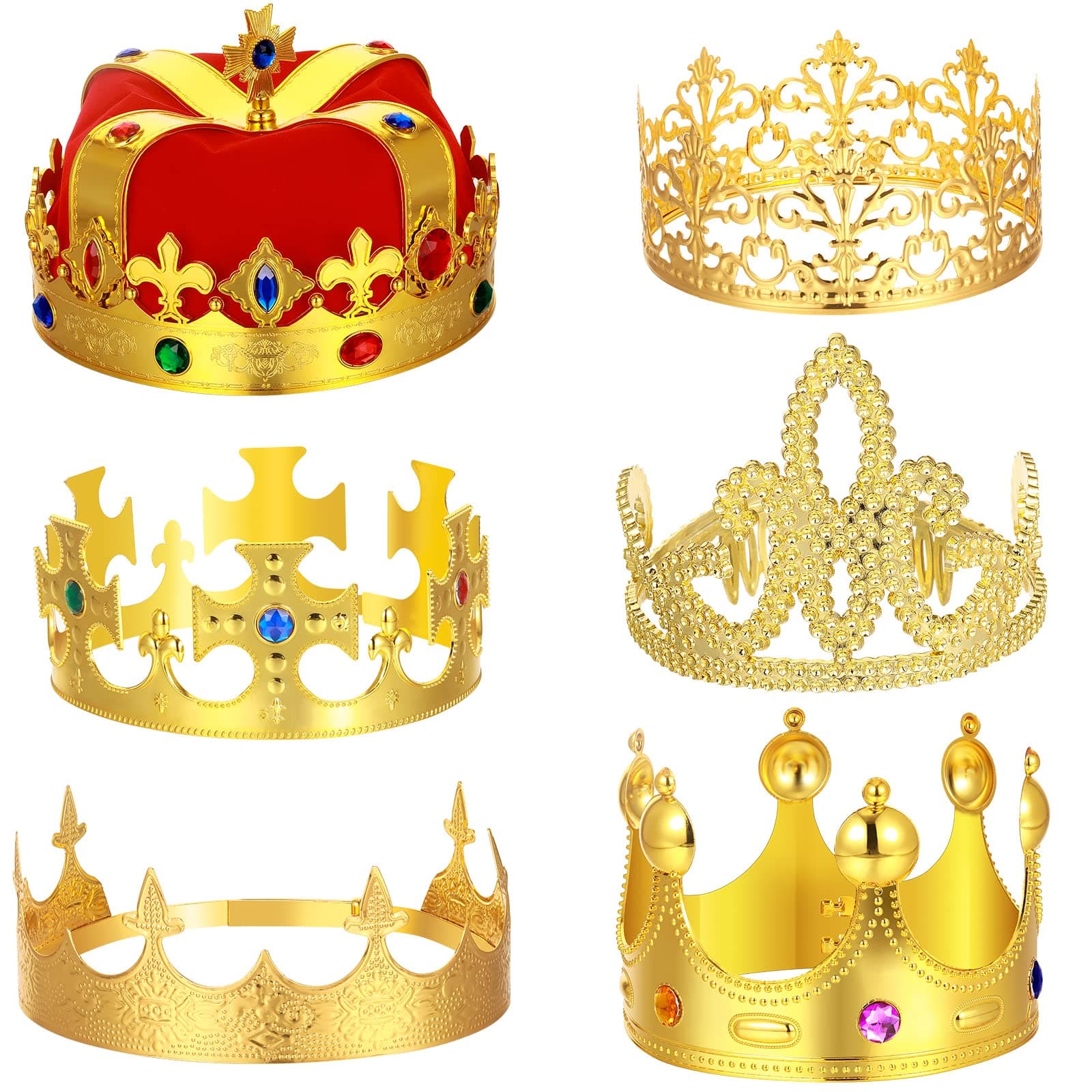 6 Pack Royal Gold Crowns King and Queen Costume Accessories for Men and Kids