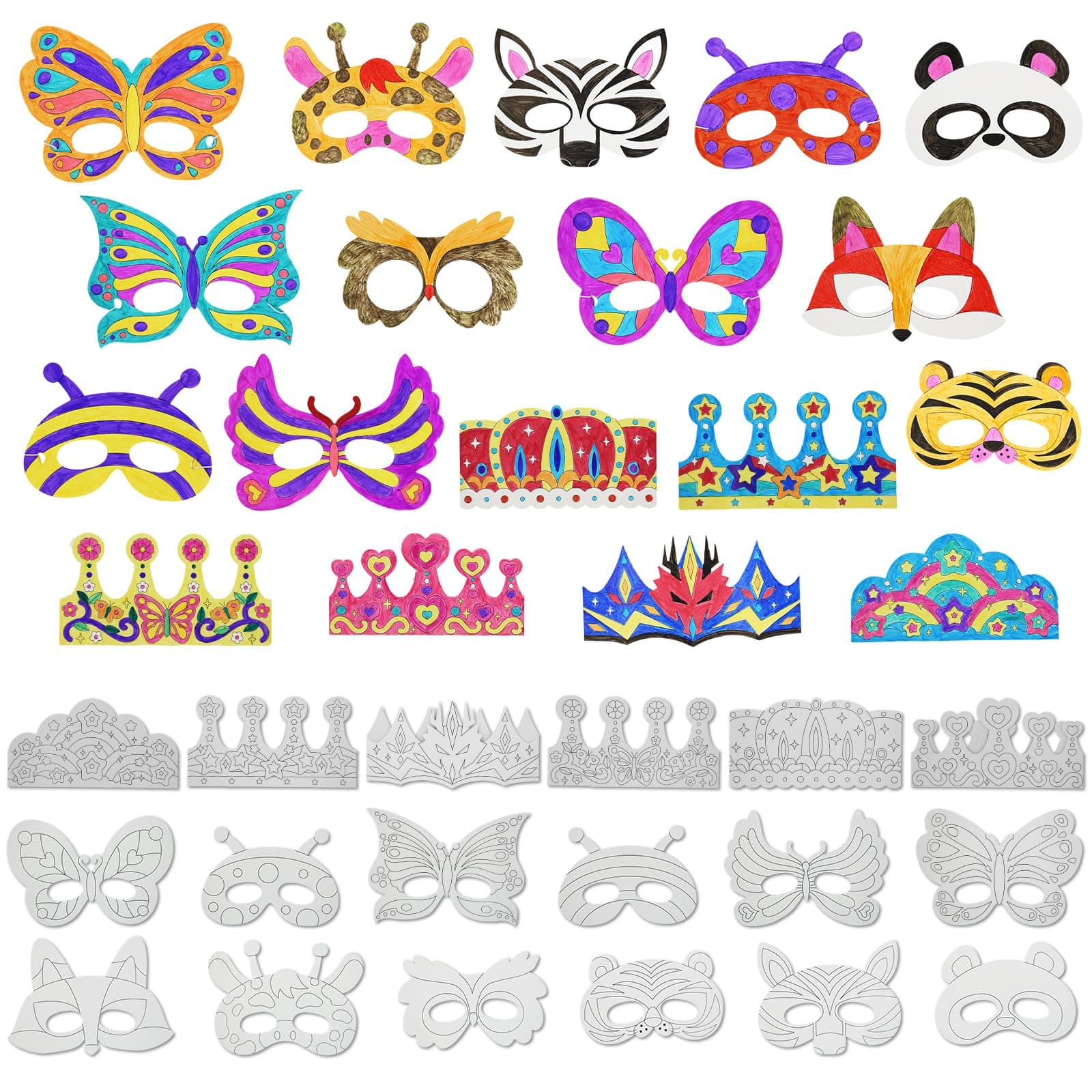 Color Your Own 48 PCS Paper Crowns & Masks, DIY Art Craft for Kids' Parties and Decorations