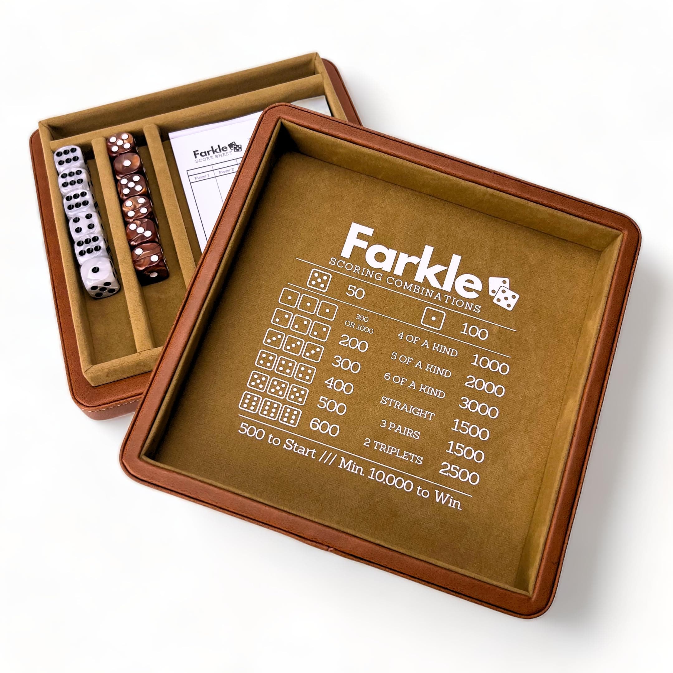 Luck Lab Farkle Dice Tray & Storage Case - 2 Sets of Pearl Dice, Score Pad, Pen Holder (Brown)