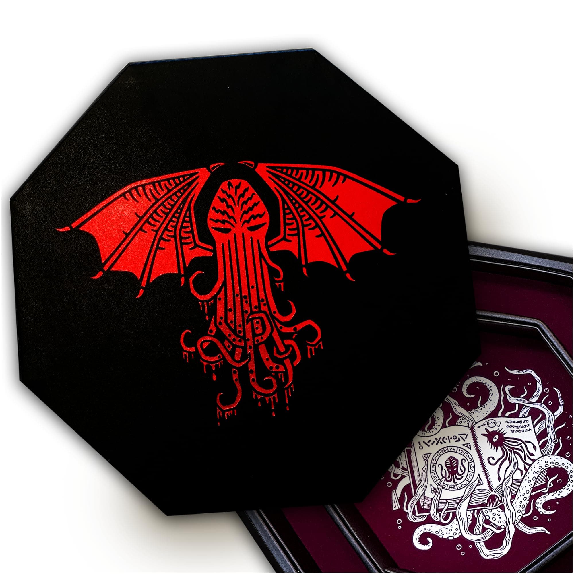 Cthulhu Tome Red Dice Tray - 9" Octagon with Lid & D&D Dice Staging