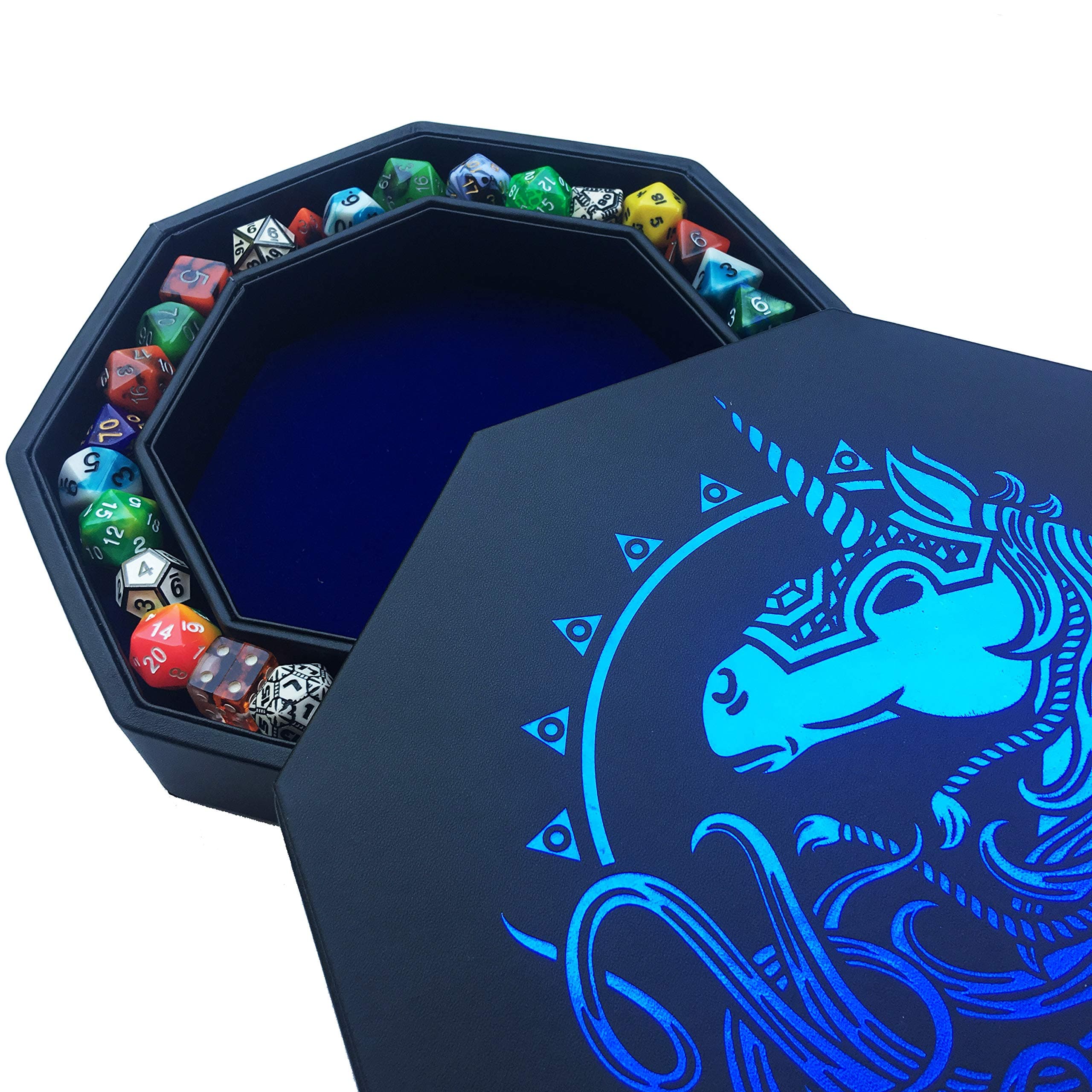 Blue Octagonal Dice Tray with Lid and Staging Area - Holds 5 Sets of RPG Dice
