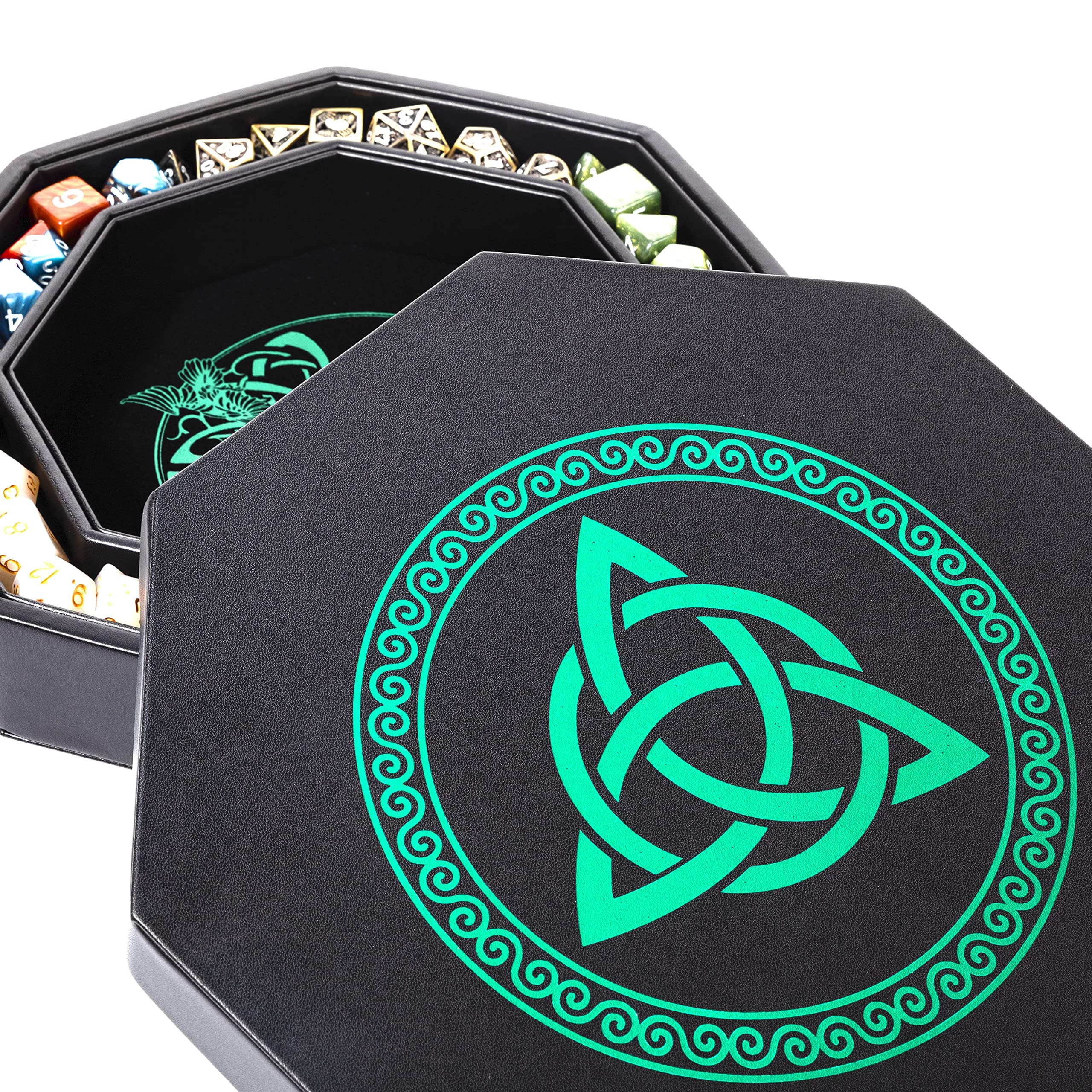 Exquisitely Detailed Green World Tree & Triquetra 8" DND Dice Tray - Premium Roll & Storage
