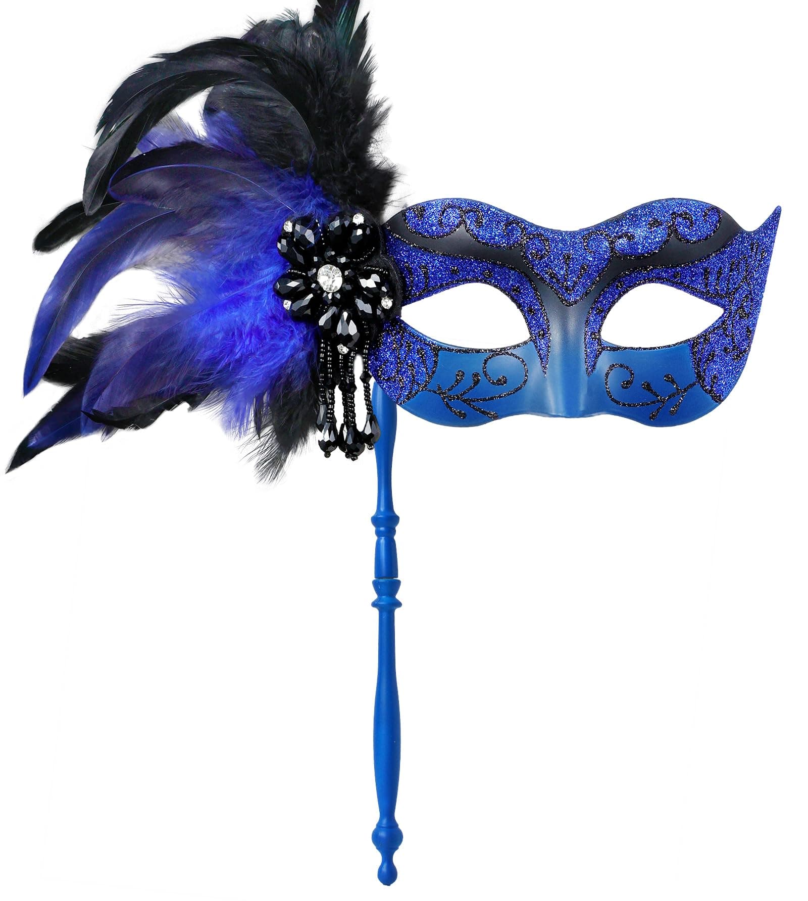 MYSEUNI Women's Shiny Feather Mardi Gras Mask with Stick
