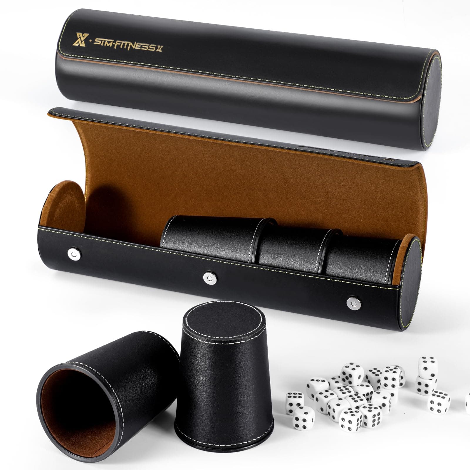 2 Black Leather Dice Cups Set + 50 Dice + Exclusive Faux Leather Case