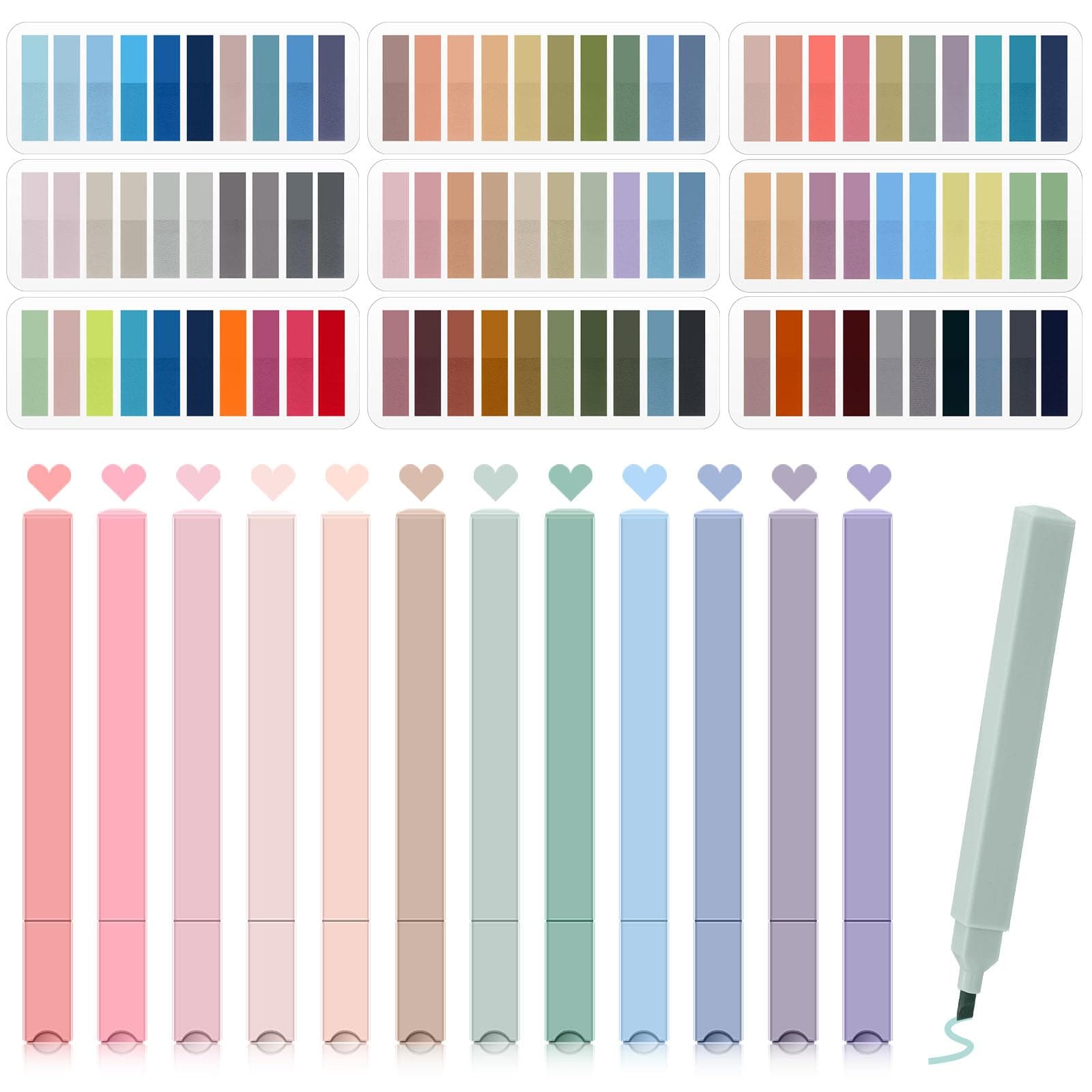 Pastel Style Book Annotation Kit 1800 Tabs, 12 Aesthetic Highlighters Morandi Colors School Office