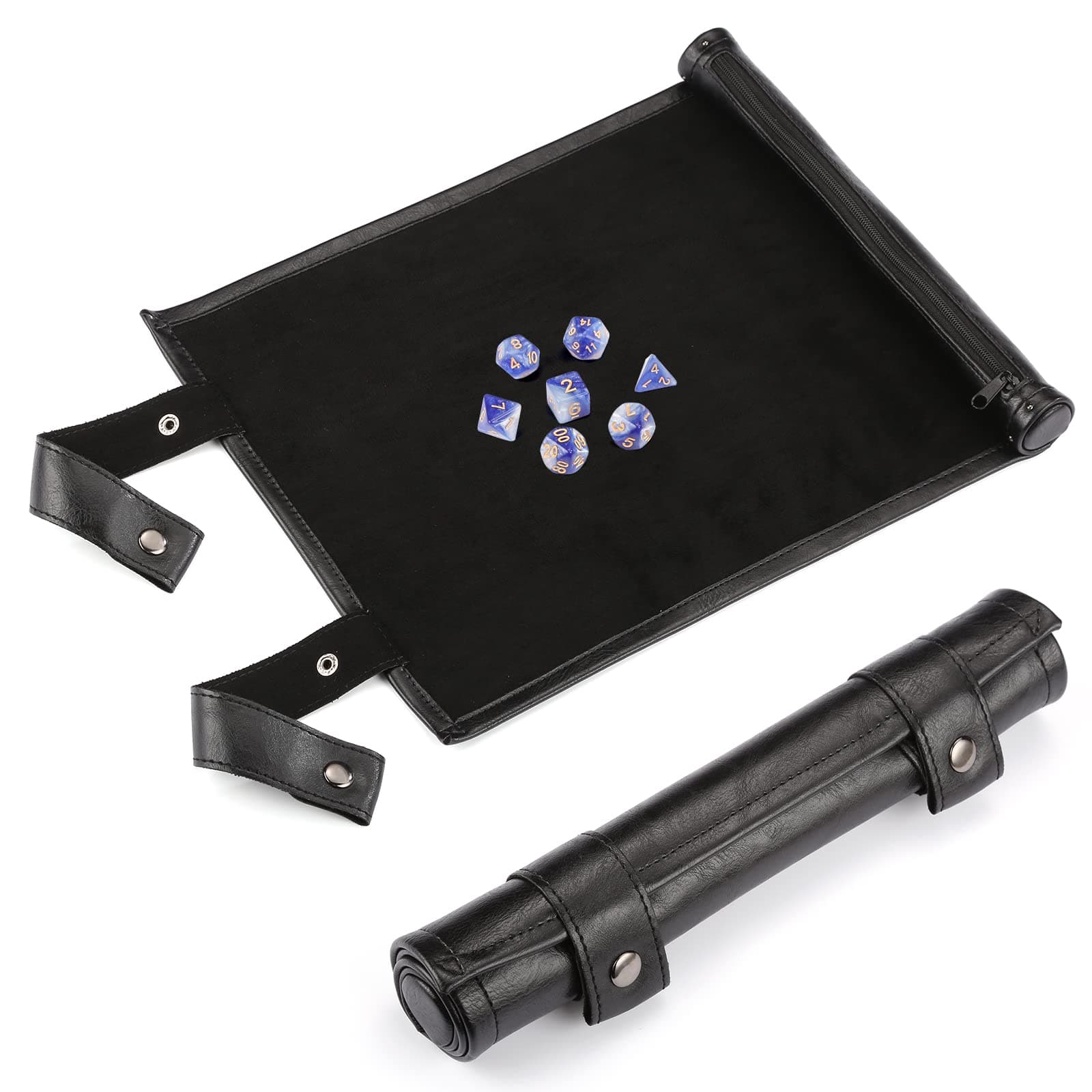 ROSELLE 2 in 1 Leather Dice Mat & Tray, Zipper Holder, DND Compatible (Black)