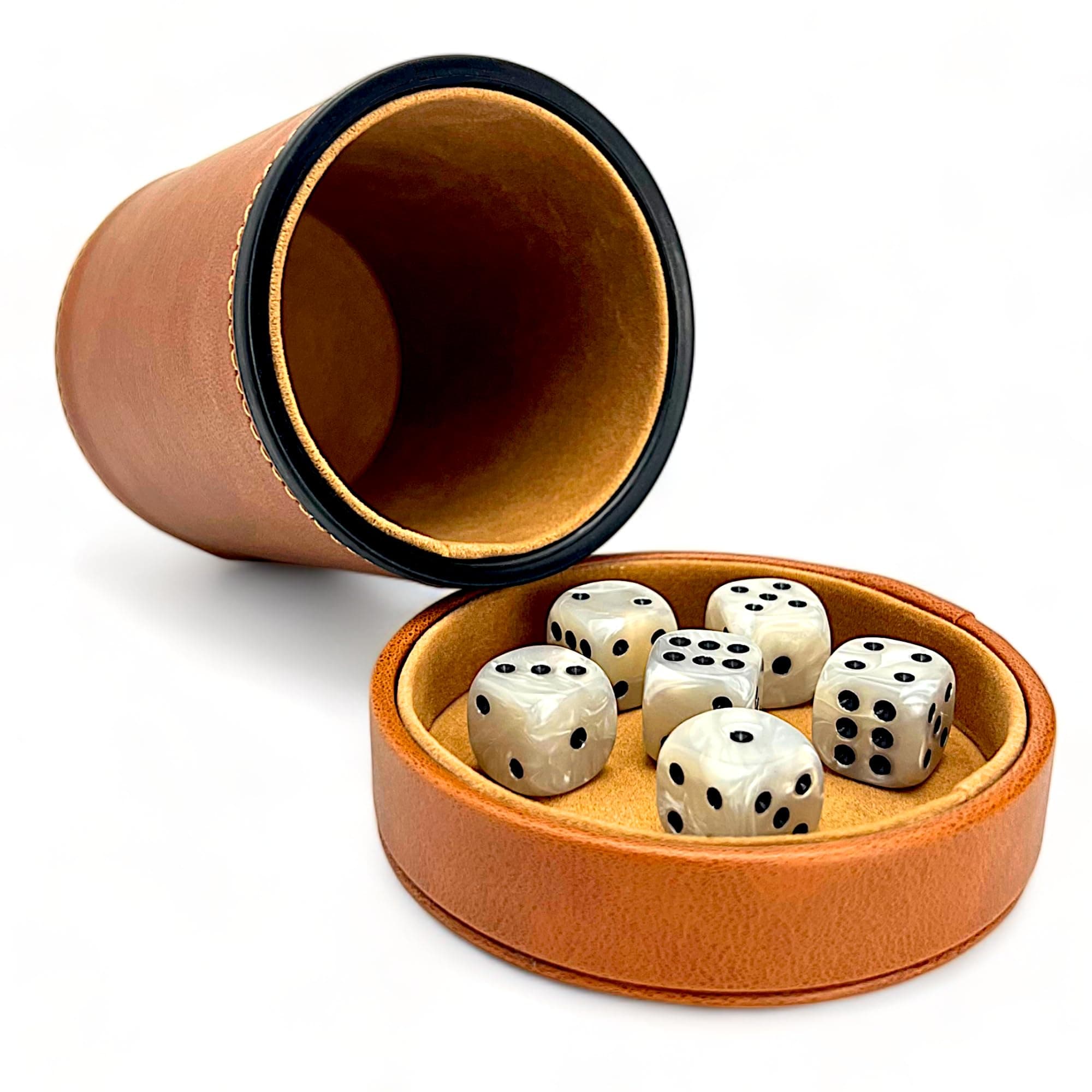 Luck Lab Brown Leather Dice Cup with Lid & Tan Velvet Interior for Quiet Rolling - Perfect for Board Games
