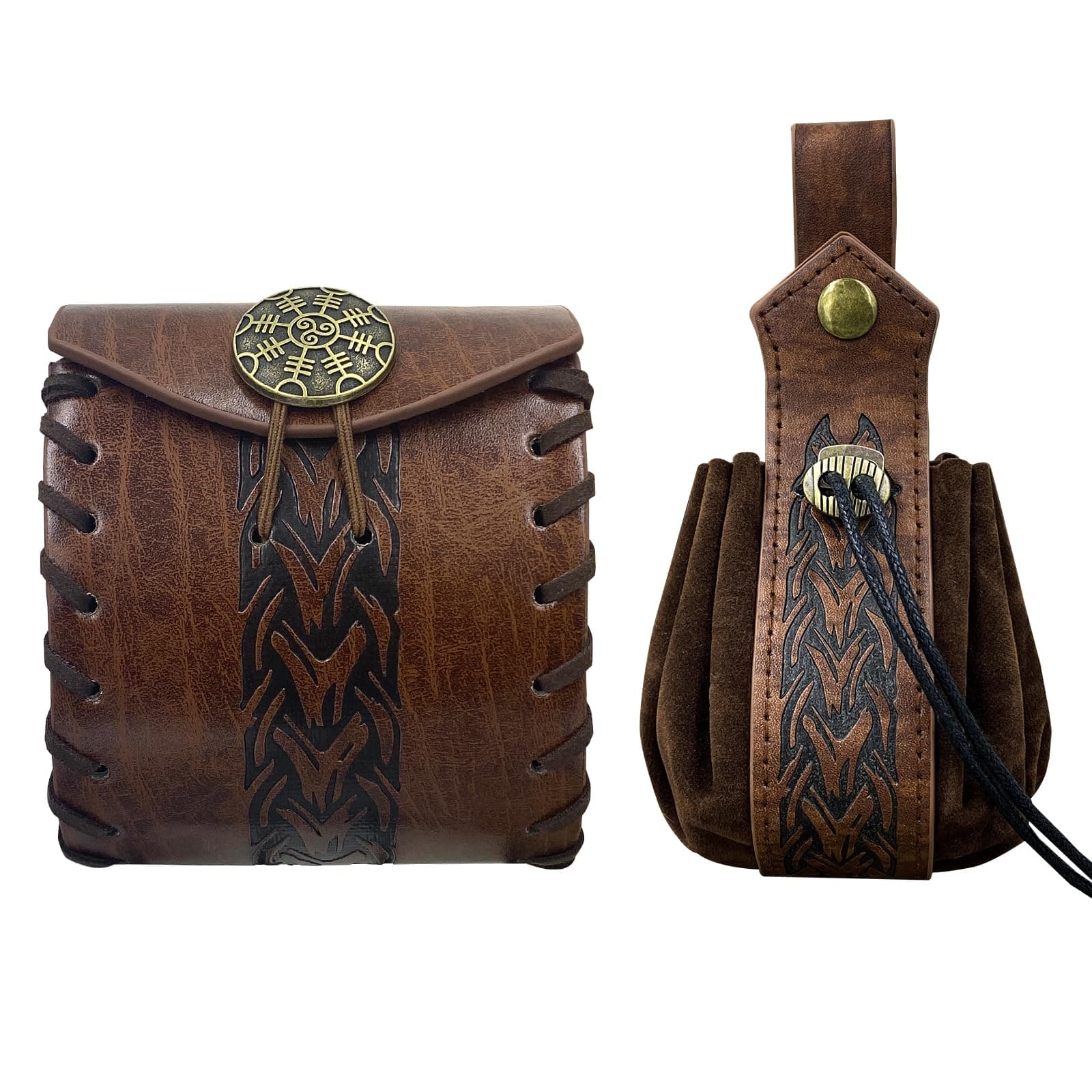 Brown Medieval Faux Leather Belt Bag with Drawstring Pouch for LARP