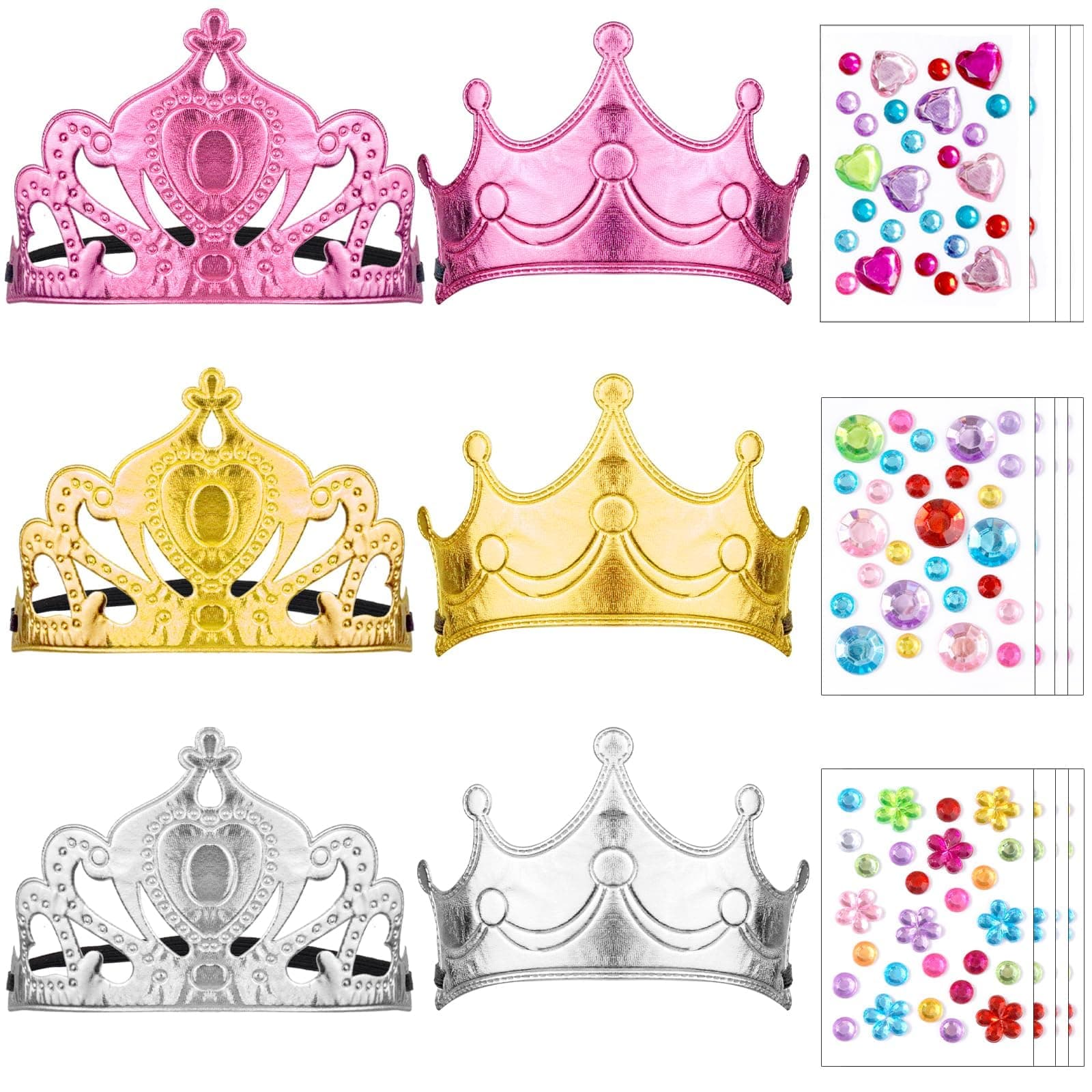 12 Crystal Diamond Stickers & 6 Foam Princess Crowns DIY Crowns Set for Kids