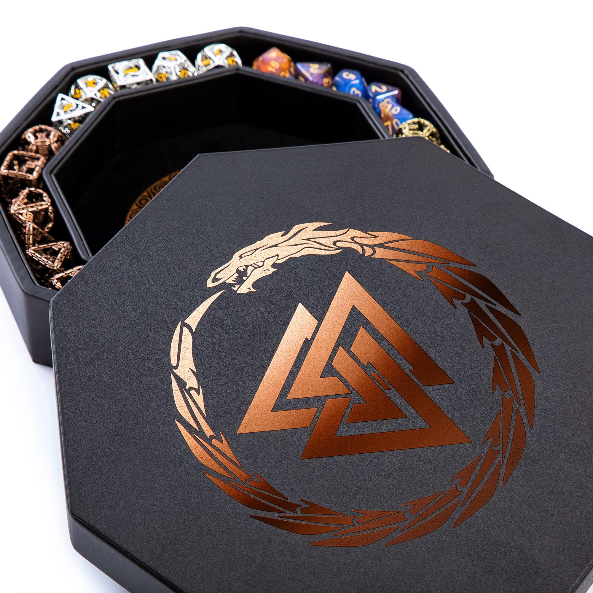 Copper Valknut & Dragon Dice Tray - 8 Inch DND & RPG Rolling Tray with Box Storage
